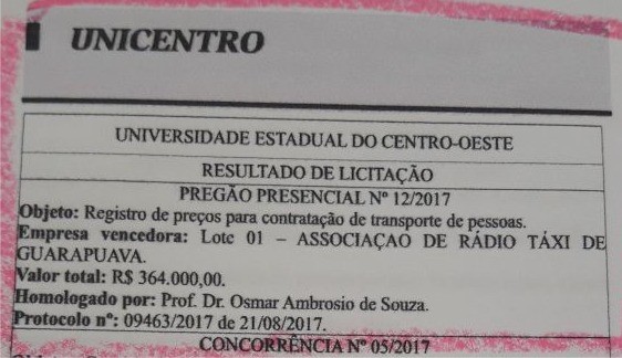 Unicentro paga R$ 364 mil para serviço de táxi