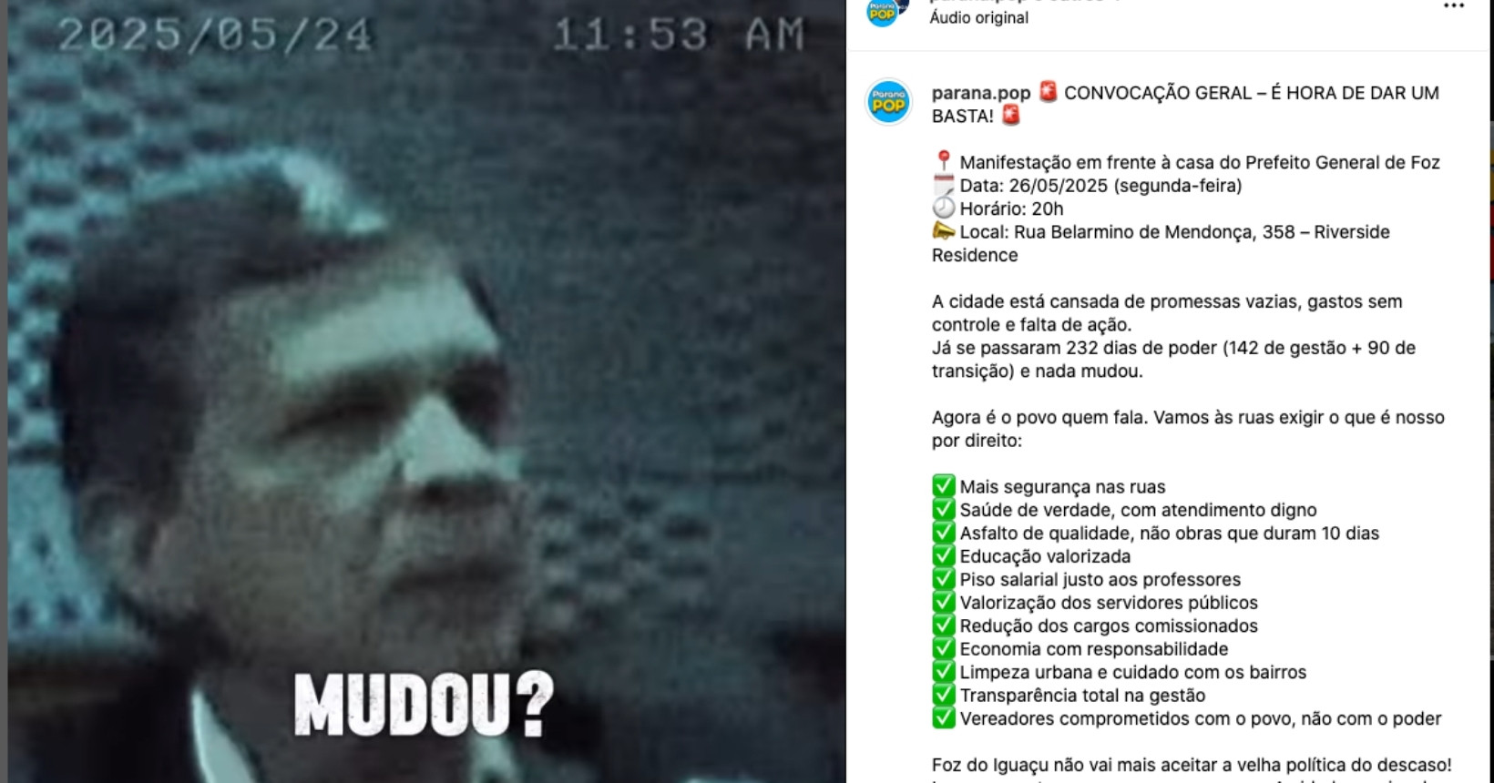 Prefeitura de Foz reage a convocação de manifestação em frente à casa de Silva e Luna