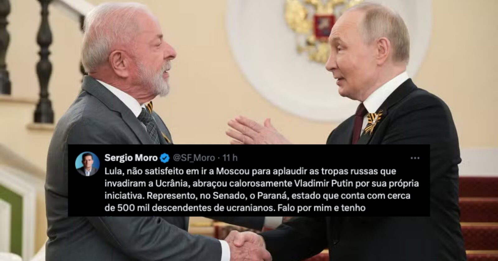 Sergio Moro criticou visita de Lula a Putin na Russia e publicou foto ao lado do presidente da Ucrânia, Volodymyr Zelensky