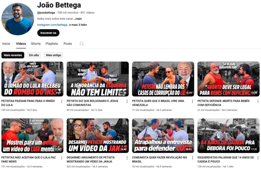 Canal no YouTube de João Bettega com vídeos contra a esquerda e Lula